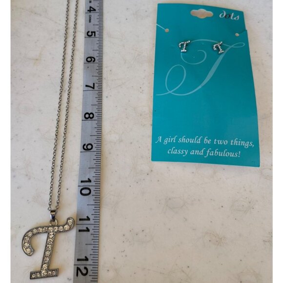 Dots Brand "T" Letter Silver Earrings and Necklace w/Rhinestones (NEW) - Picture 9 of 14